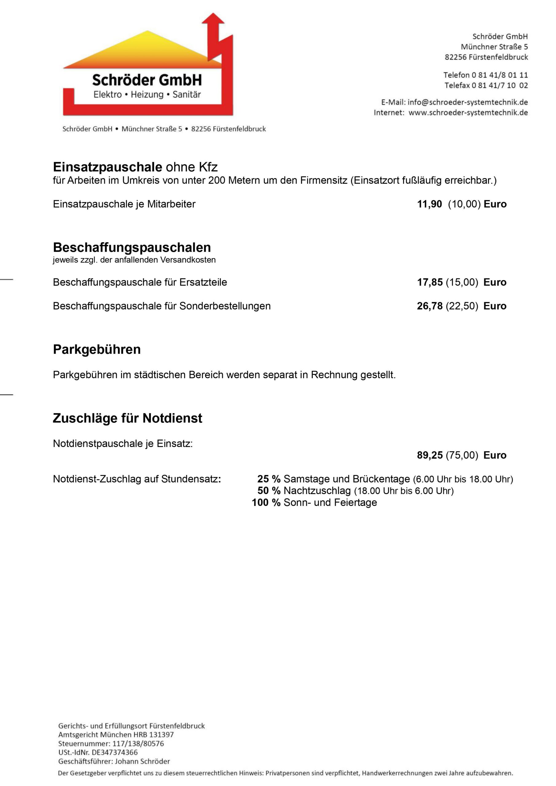 Eine Rechnung der Schröder GmbH mit einer Aufstellung der Serviceentgelte, inklusive der Entgelte für Mitarbeitereinsatz, Beschaffung, Parkgebühren und Zusatzkosten für Eildienste. Die aufgeführten Preise sind Netto- und Bruttobeträge. Das Firmenlogo steht oben.